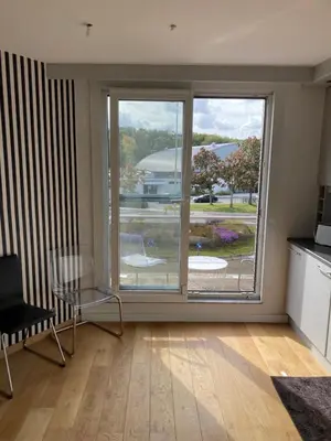 a living room with two windows and a table and chair at Lichtrijk mooi appartement met zicht op hof van Roosendael in Antwerp