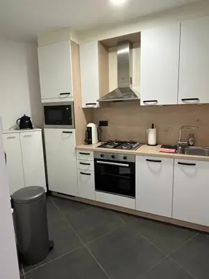 a kitchen with white cabinets and a stove top oven at FDS Cosy Apartment in Ghent