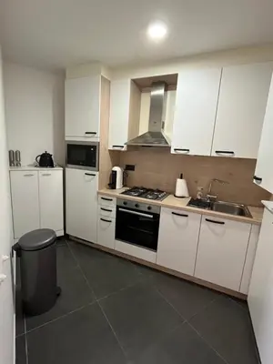 a kitchen with white cabinets and a sink at FDS Cosy Apartment in Ghent
