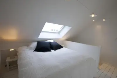a bedroom with a white bed with a skylight at La Maison Haute guesthouse in Brussels
