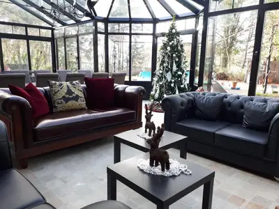 a living room with couches and a christmas tree at Lakeview in Keerbergen
