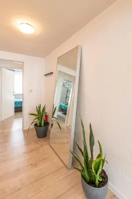 a hallway with two potted plants and a mirror at VilvoCity Center in Vilvoorde
