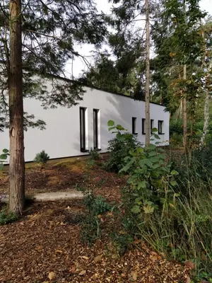 a white house with black windows in the woods at B&B Altijd Zomer in Nijlen
