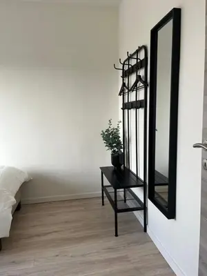 a mirror on a wall next to a table with a plant at FDS Cosy House in Ghent