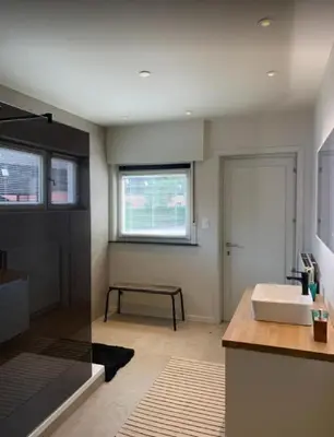 a bathroom with a sink and a shower and a counter at Casa57 in Waasmunster