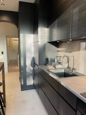 a kitchen with black cabinets and a sink at Casa Clementina - 3 Bedroom Apartment in a Art-Nouveau House in Ghent
