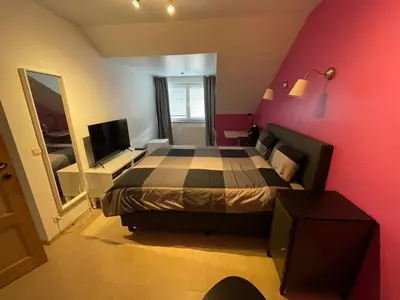 a bedroom with a large bed in a red wall at B&B groot-bijgaarden center in Groot-Bijgaarden