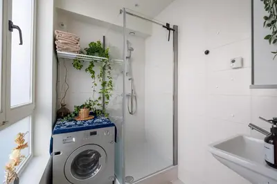 a washing machine in a bathroom with a shower at De Moriaan Antwerp Historic Center in Antwerp