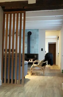 a living room with a couch and a fireplace at Maison des Étoiles in Aalst