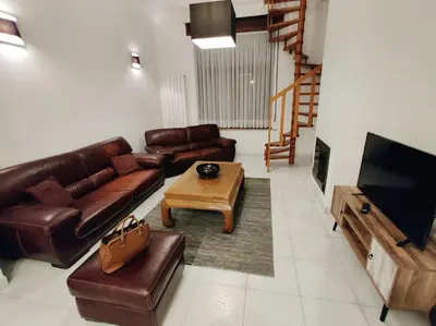 a living room with a leather couch and a television at Modern duplex 100m2 perfect to visit Brussels in Brussels