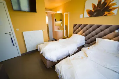 a hotel room with two beds and a mirror at Su'ro Bed and Breakfast in Ghent