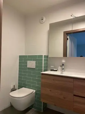a bathroom with a toilet and a sink and a mirror at Bouwelhoeve 't Schuur in Grobbendonk