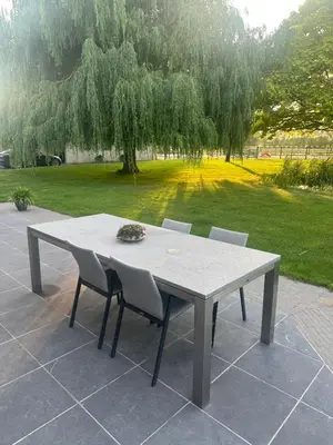 a table and chairs on a patio with a tree at De Reynaarthoeve in Assenede