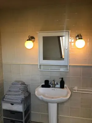 a bathroom with a sink and a mirror and towels at De Reynaarthoeve in Assenede