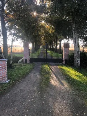 a gate in a park with trees and grass at De Reynaarthoeve in Assenede