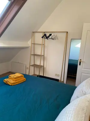 a bedroom with a bed with a ladder and a mirror at Antwerpcityhome in Antwerp
