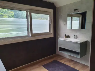 a bathroom with a sink and two windows at De Gorzen in Oud-Turnhout
