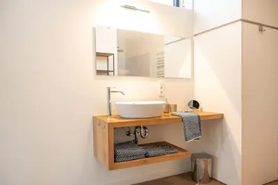 a bathroom with a sink and a mirror at Quiet and cosy apartment near the city center of Diest in Diest