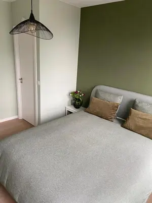 a bedroom with a bed and a potted plant at 