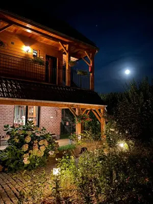 a house at night with the moon in the sky at Hallerbos B&B in Bluebell Forest in Halle