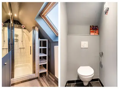 a bathroom with a toilet and a shower at Herselt Garden Shed Retreat in Herselt