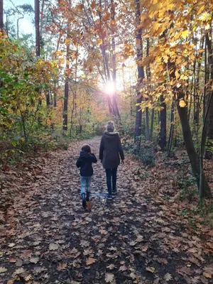 a woman and child walking down a leaf covered path at Parkhoeve Glamping in Ham