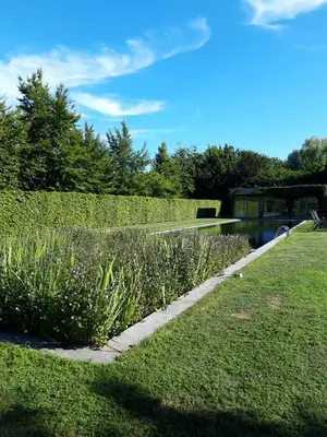 a garden with bushes and a pond in a yard at Domein Den Buiten Bed And Breakfast DnD in Sint-Niklaas