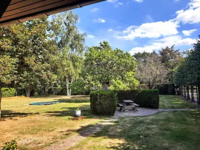 a yard with a picnic table and a hedge at Merksplas Villa with Terrace in Merksplas