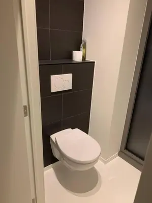 a bathroom with a toilet and a black wall at Prachtige gastsuite in Ranst 