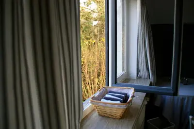 a window with a basket of towels next to a window at B&B Le 36 in Brussels