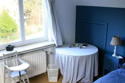 a blue room with a table and a window at B&B Le 36 in Brussels