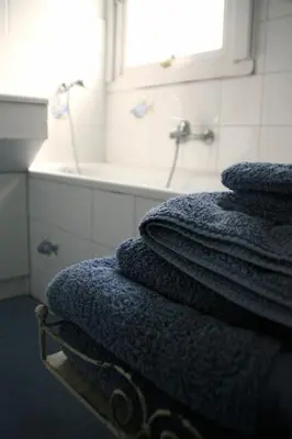 a bathroom with a bath tub and a pile of towels at B&B Le 36 in Brussels