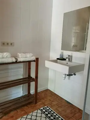 a white bathroom with a sink and a mirror at Van Horick in Baal