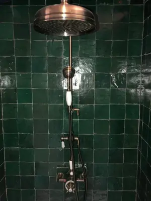 a shower in a green tiled bathroom at Sint Andries Suites in Antwerp