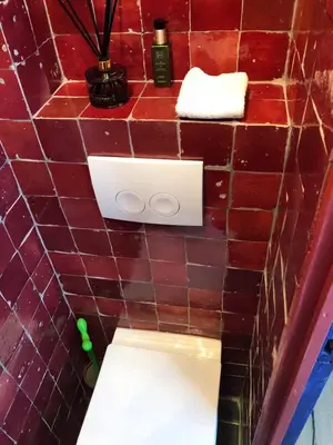 a bathroom with a red tiled wall with a toilet at Sint Andries Suites in Antwerp