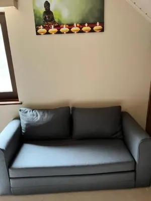 a blue couch in a room with a picture on the wall at Panoramic Bungalow Sint Gillis-Waas in Sint-Gillis-Waas