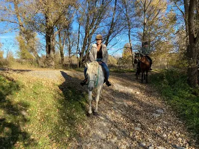 a person riding a horse on a dirt road at Panoramic Bungalow Sint Gillis-Waas in Sint-Gillis-Waas