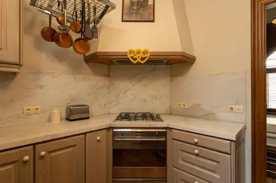 a kitchen with a stove and a counter top at Coeur Saint-Jacques in Brussels