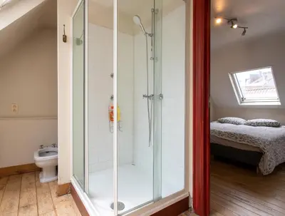 a bathroom with a shower with a toilet and a bed at Coeur Saint-Jacques in Brussels
