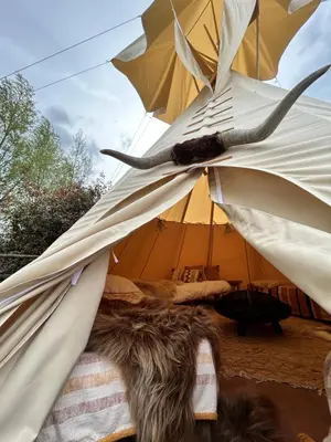 a bed in a tent with a large umbrella at Comfort Tipi Marie, Tipi Bo Deluxe & tent Nicolaï - 'Glamping in stijl' in Lembeke