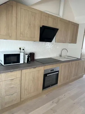 a kitchen with wooden cabinets and a microwave and a sink at Charming duplex on the canal Brussels in Brussels