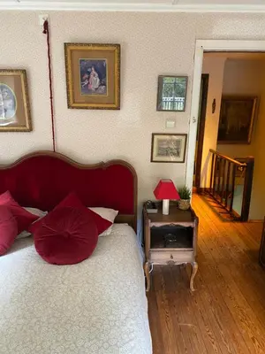 a bedroom with a bed with red pillows on it at Les Barolins in Rotselaar
