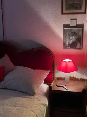 a bedroom with a bed with a red lamp on a table at Les Barolins in Rotselaar