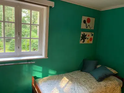 a green bedroom with a bed and a window at Les Barolins in Rotselaar