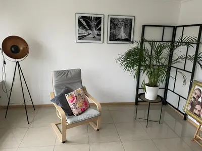 a room with a chair with a pillow and a plant at SUPERB APPARTEMENT WITH 3 BED ROOMS IN ANTWERPEN in Antwerp