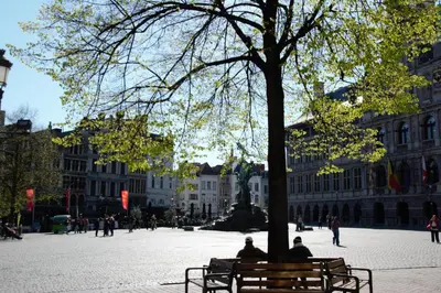 two people sitting on a park bench under a tree at Historical center Antwerp, all on foot in Antwerp