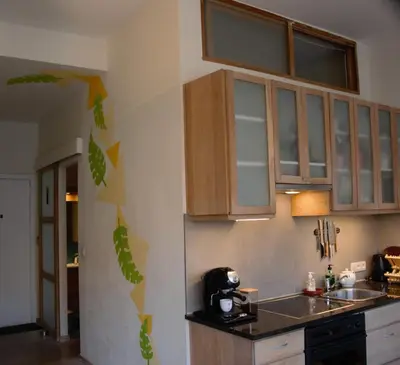 a kitchen with wooden cabinets and a counter top at Historical center Antwerp, all on foot in Antwerp