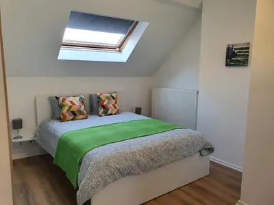 a bedroom with a bed with a skylight at Chez Esmara et Philippe Grand-Place in Brussels