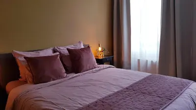 a bedroom with a bed with purple sheets and a window at BnB Antwerpen - CHARMANT in Antwerp