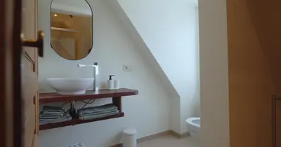 a bathroom with a sink and a mirror on the wall at Berkies - autonome studio in Steenokkerzeel